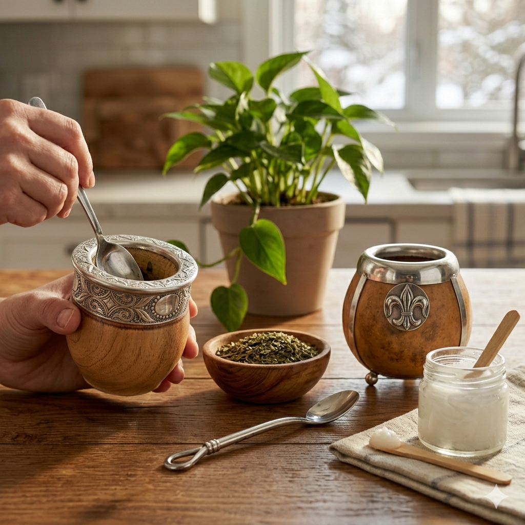 A rustic scene showing the curing process for two types of yerba mate: a wooden algarrobo mate and a natural gourd mate with silver details, alongside a jar of coconut oil and used yerba mate.