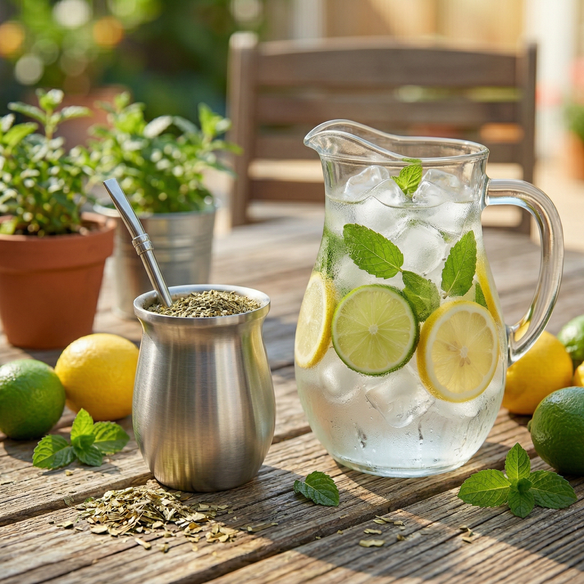 Cold-brewed yerba mate (tereré) setup with a modern steel gourd and a refreshing citrus-infused water pitcher on a sunny patio.