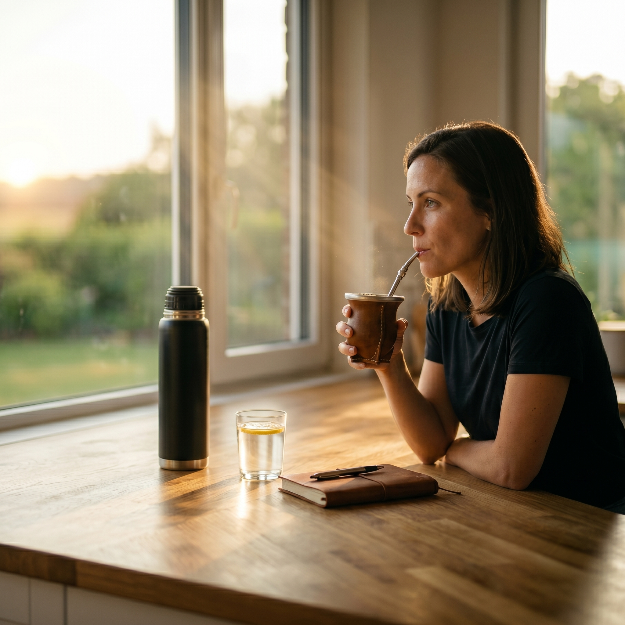 A woman drinking traditional yerba mate by a sunny window during her morning routine, with a black thermos, a glass of water, and a notebook on a wooden table.