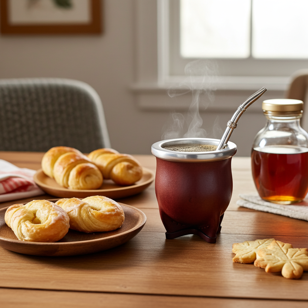A cozy morning setup on a rustic wooden table featuring a leather-wrapped yerba mate gourd with steaming mate, paired with Argentine sweet pastries, Canadian maple leaf cookies, and a jar of maple syrup.