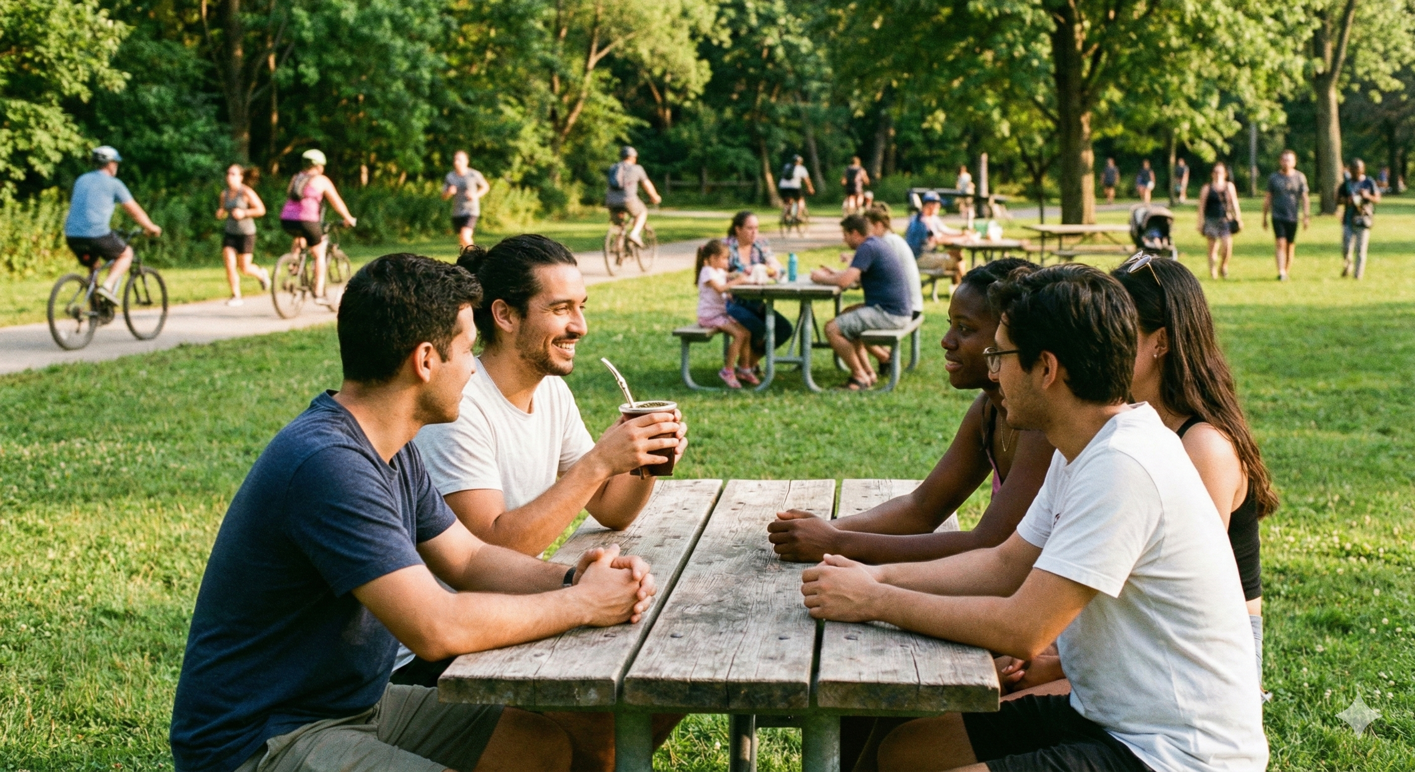 Diverse group of people sitting at a wooden picnic table outdoors, sharing a mate gourd and smiling during a relaxed afternoon.
