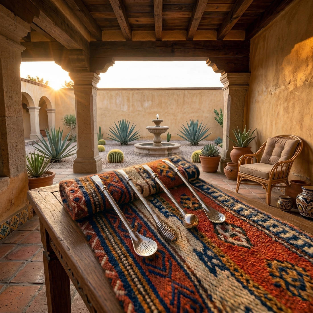 Four premium stainless steel and alpaca yerba mate bombillas with different filters, resting on a traditional woven blanket on a rustic wooden table in a sunlit hacienda courtyard.