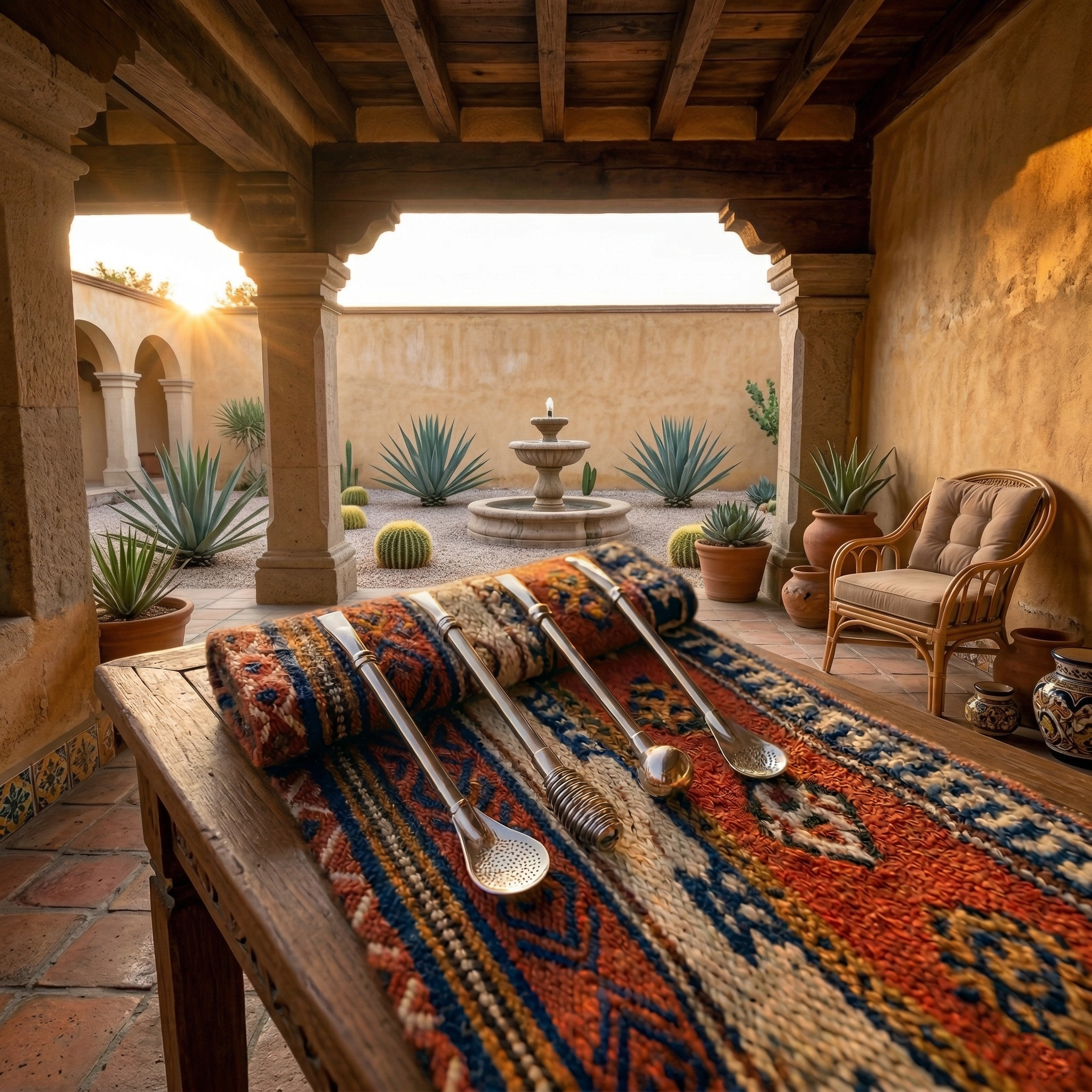 Four premium stainless steel and alpaca yerba mate bombillas with different filters, resting on a traditional woven blanket on a rustic wooden table in a sunlit hacienda courtyard.