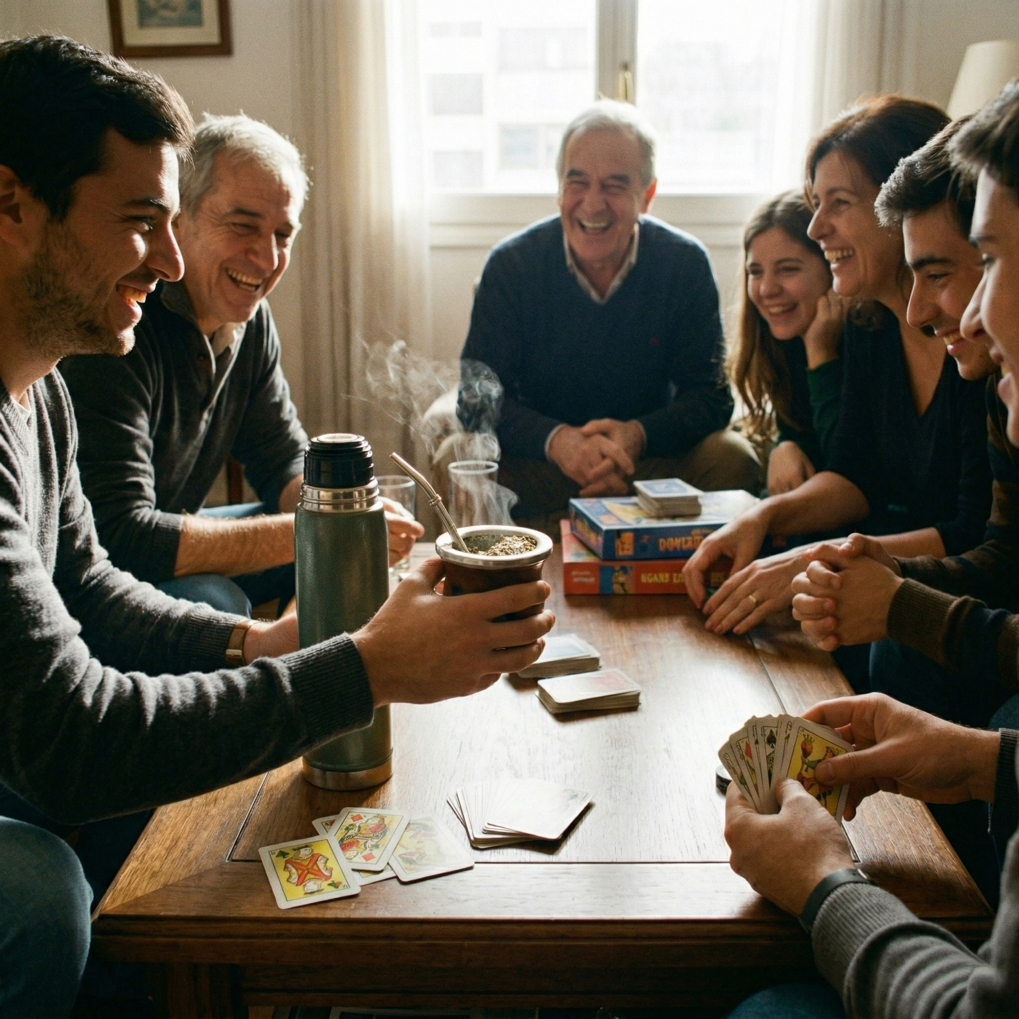Friends connecting over a steaming gourd of yerba mate while playing games.
