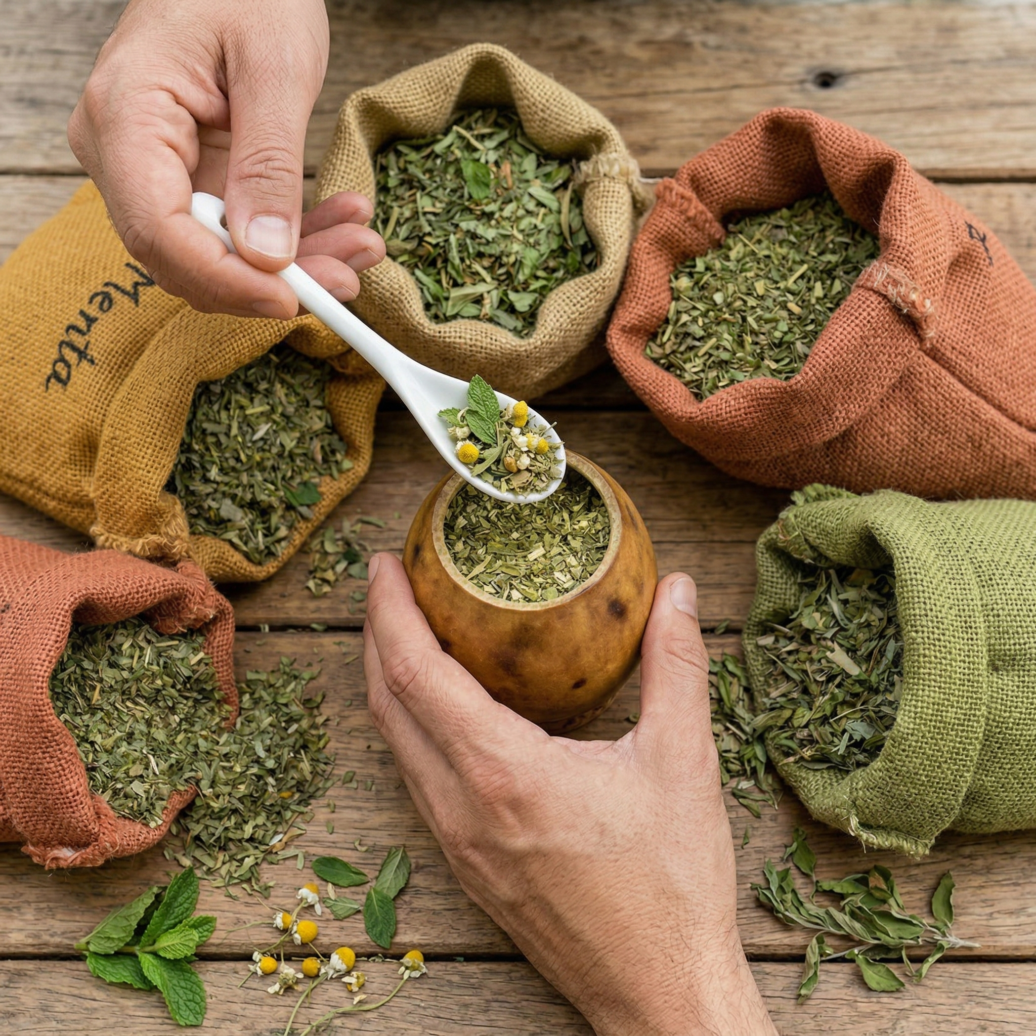 Hands blending yerba mate in a traditional gourd, adding a spoonful of dried herbs. The gourd is surrounded by colorful burlap sacks filled with different yuyos on a rustic wooden table