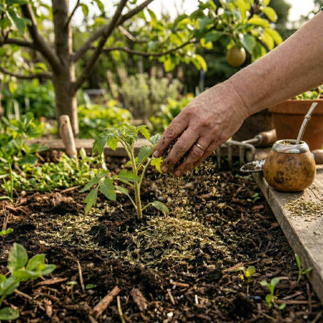 A hand sprinkling used yerba mate leaves as organic fertilizer around a young tomato plant in a sunny garden. A traditional mate gourd and metal bombilla rest on a wooden board nearby.