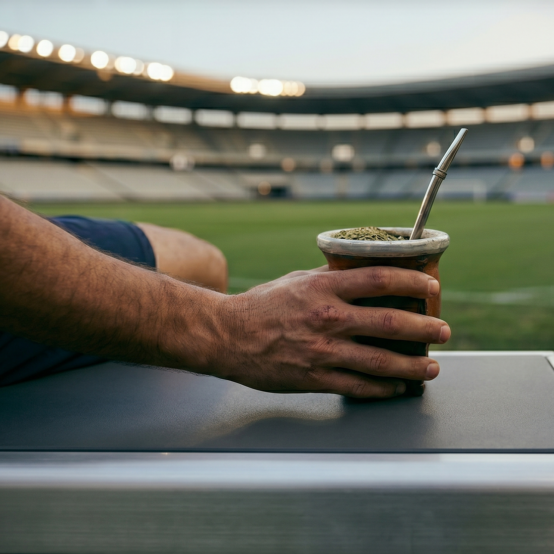 An athlete holding a premium yerba mate gourd, fueling up on the sidelines of a soccer stadium before a match