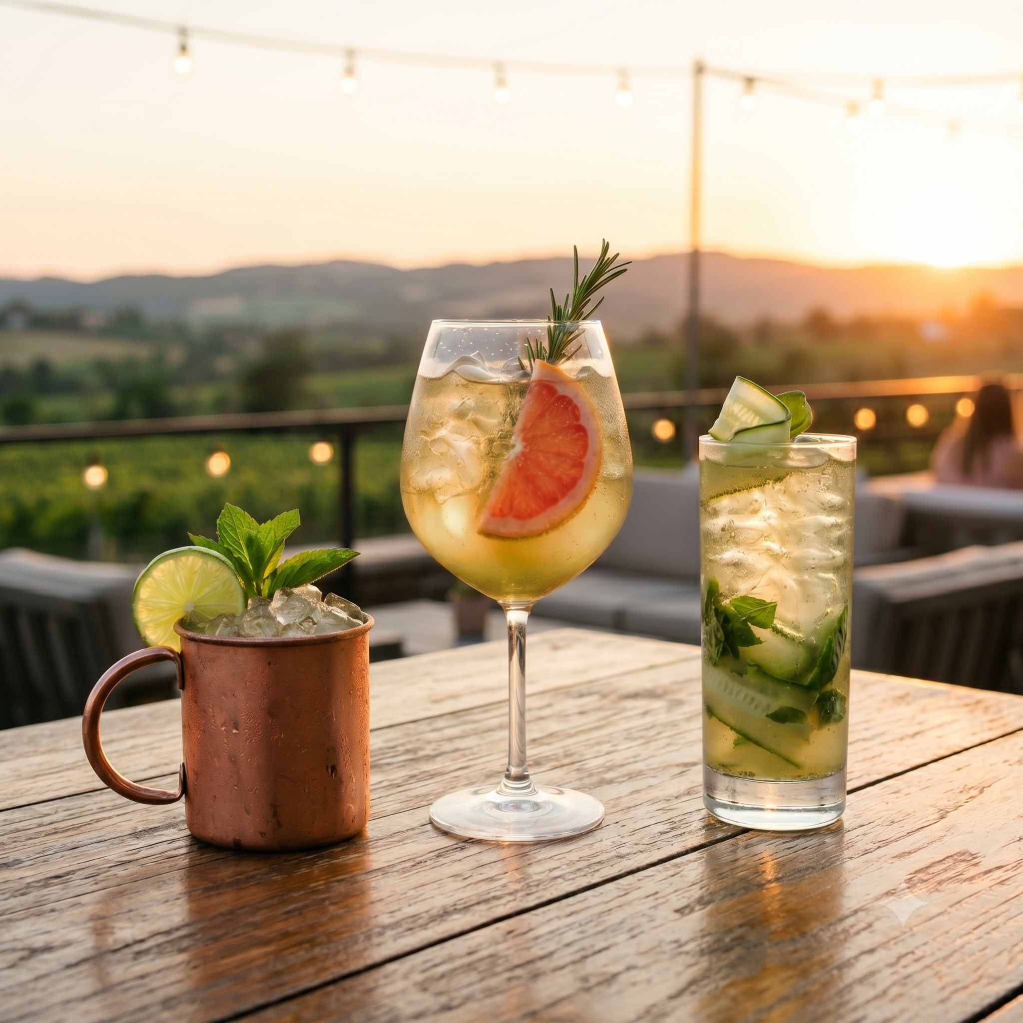 Three sophisticated cold-brew yerba mate mocktails, including a ginger mule and a grapefruit spritz, served on a rustic wooden table at a sunset terrace.