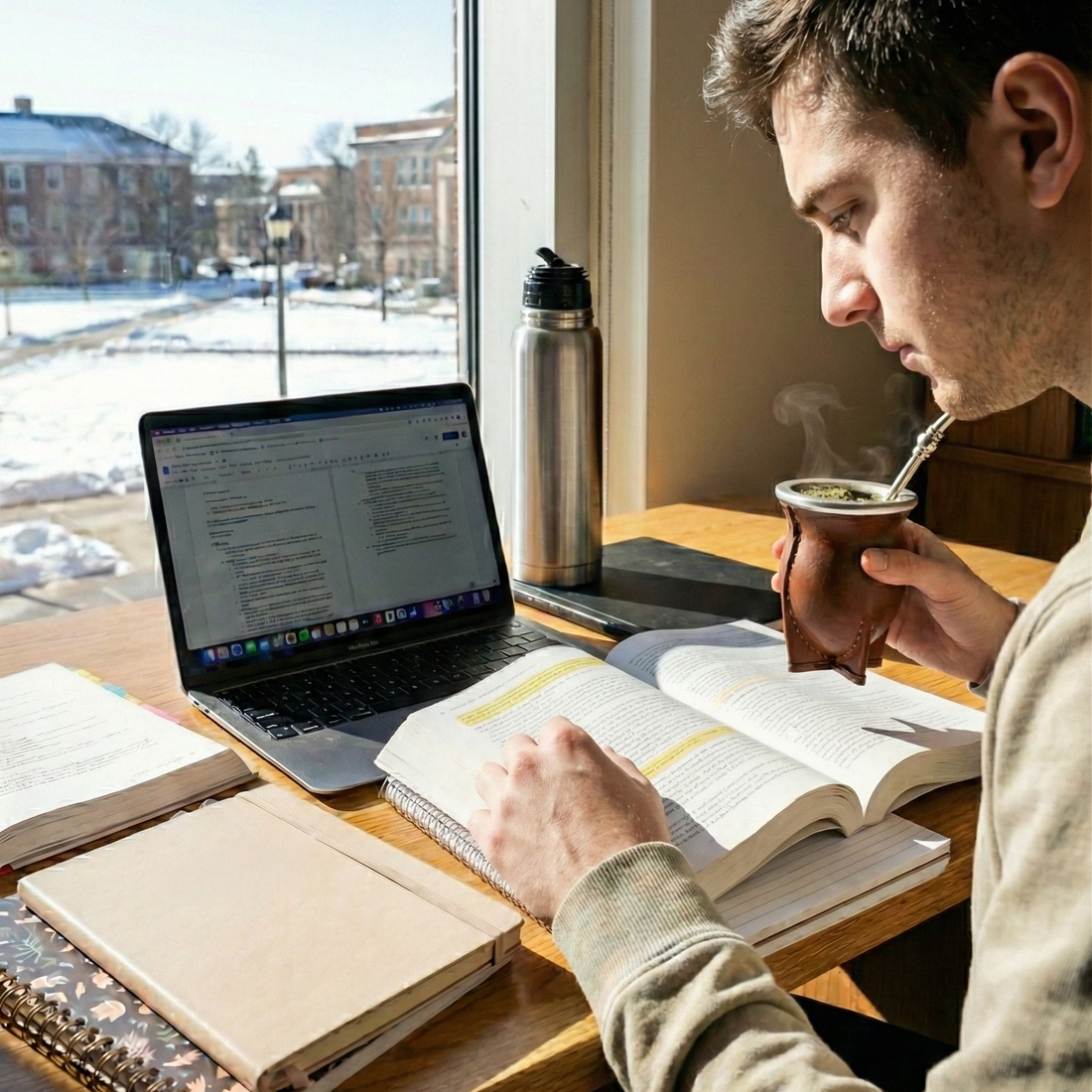 A young professional studying and working on a laptop by a bright window, drinking traditional loose-leaf yerba mate from a gourd to boost focus.