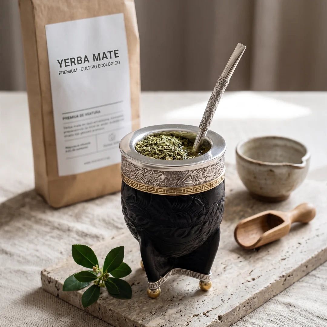 Luv Mate Minué Federal black hand-tooled leather Imperial mate cup with silver bombilla next to a kraft paper yerba mate bag.