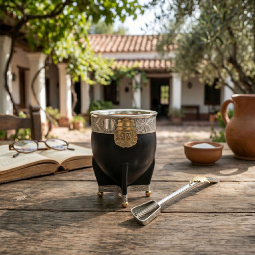 Outdoor lifestyle photo of the Luv Mate Campeones AFA Imperial Mate Gourd on a rustic wooden table, showcasing the genuine black leather body, bronze AFA shield, and 3-star alpaca rim. An alpaca Argentina Map bombilla straw with a bronze accent rests next to the mate, with an open vintage book and glasses in a sunny courtyard background.