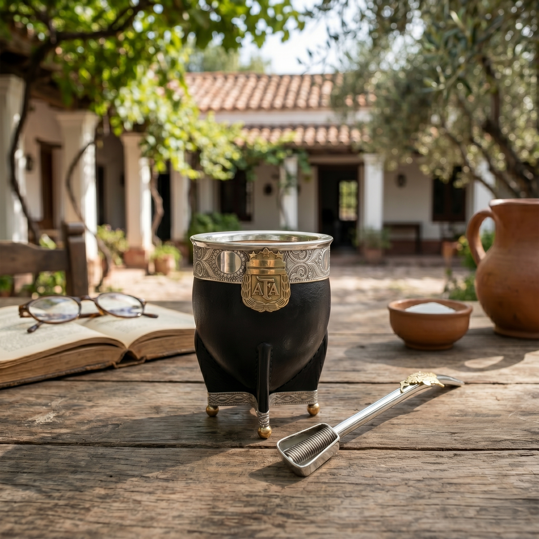 Premium black leather Imperial mate cup featuring the gold AFA Argentina national football team crest, paired with a stainless steel bombilla outdoors.