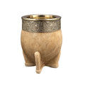 Handcrafted Arunguita Imperial mate gourd wrapped in authentic rawhide leather, featuring a hand-chiseled alpaca silver rim and a reinforced base.