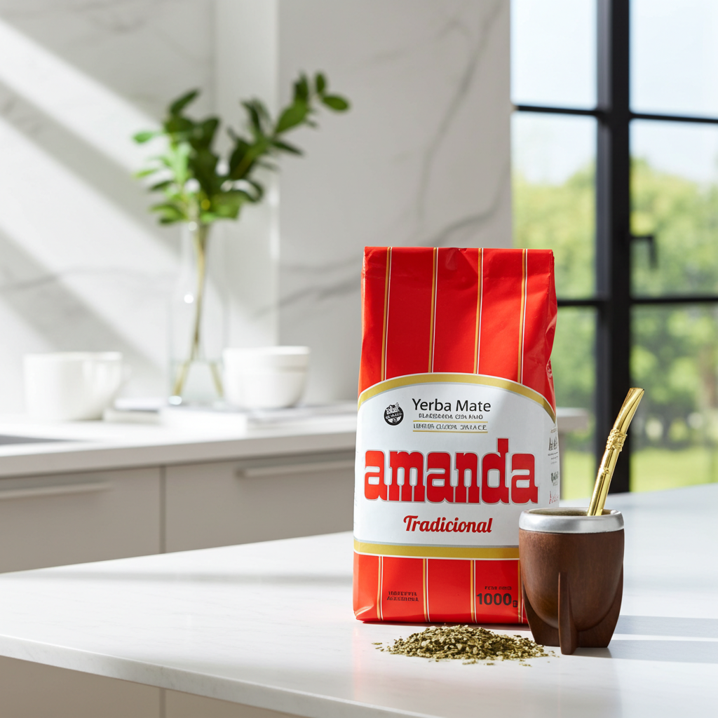 Amanda Yerba Mate Traditional 1kg package with a mate next to it, on a modern table with natural morning light.