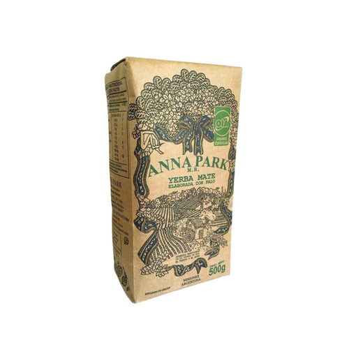 Front view of Anna Park Organic Yerba Mate 500g package featuring a classic paper design with dark green illustrations and OIA Certified Organic seal.