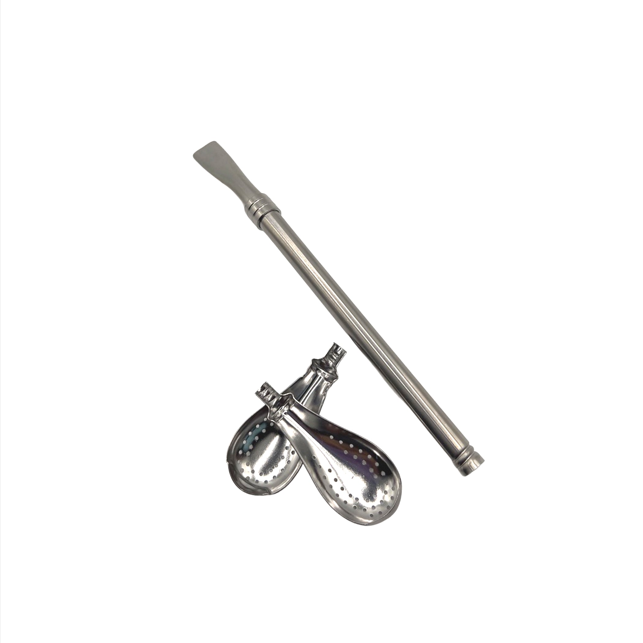 Macro shot of the teardrop filter's smooth stainless steel finish and precision perforation, ideal for all types of yerba mate cuts.