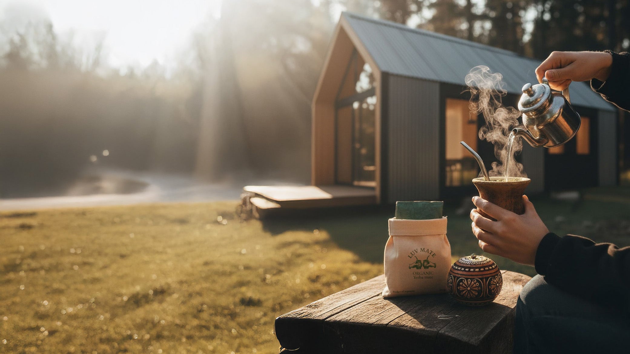 Person pouring hot water into a mate gourd outdoors, with a wooden cabin and trees in the background.
