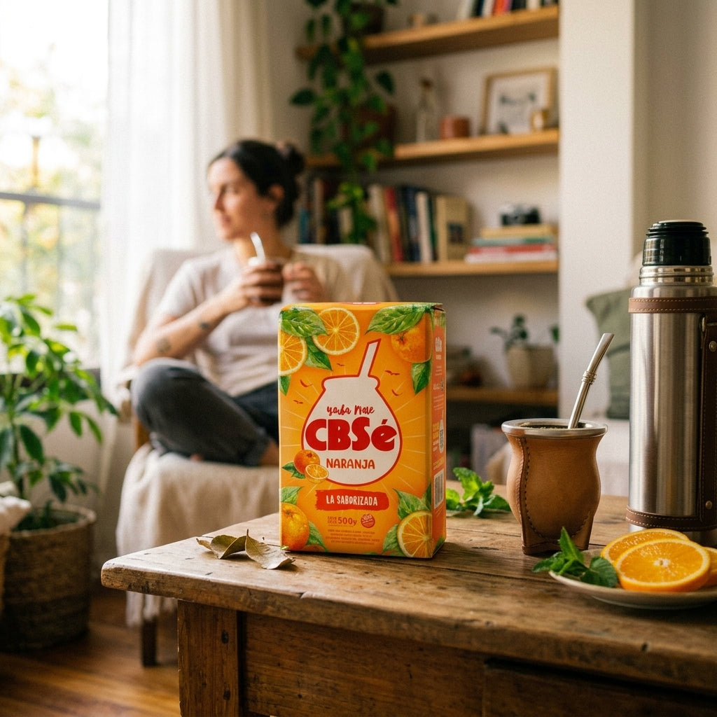 Cozy indoor mate moment featuring CBSé Naranja orange flavoured yerba mate, fresh citrus slices, and a leather-wrapped thermos.