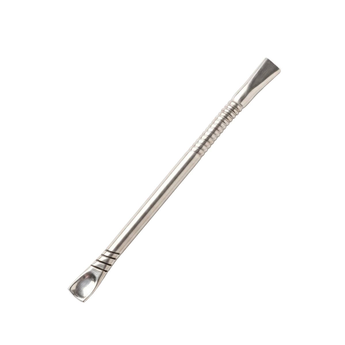 Handcrafted Cañada alpaca mate bombilla with spoon base and heat-dispersing rings on a white background.