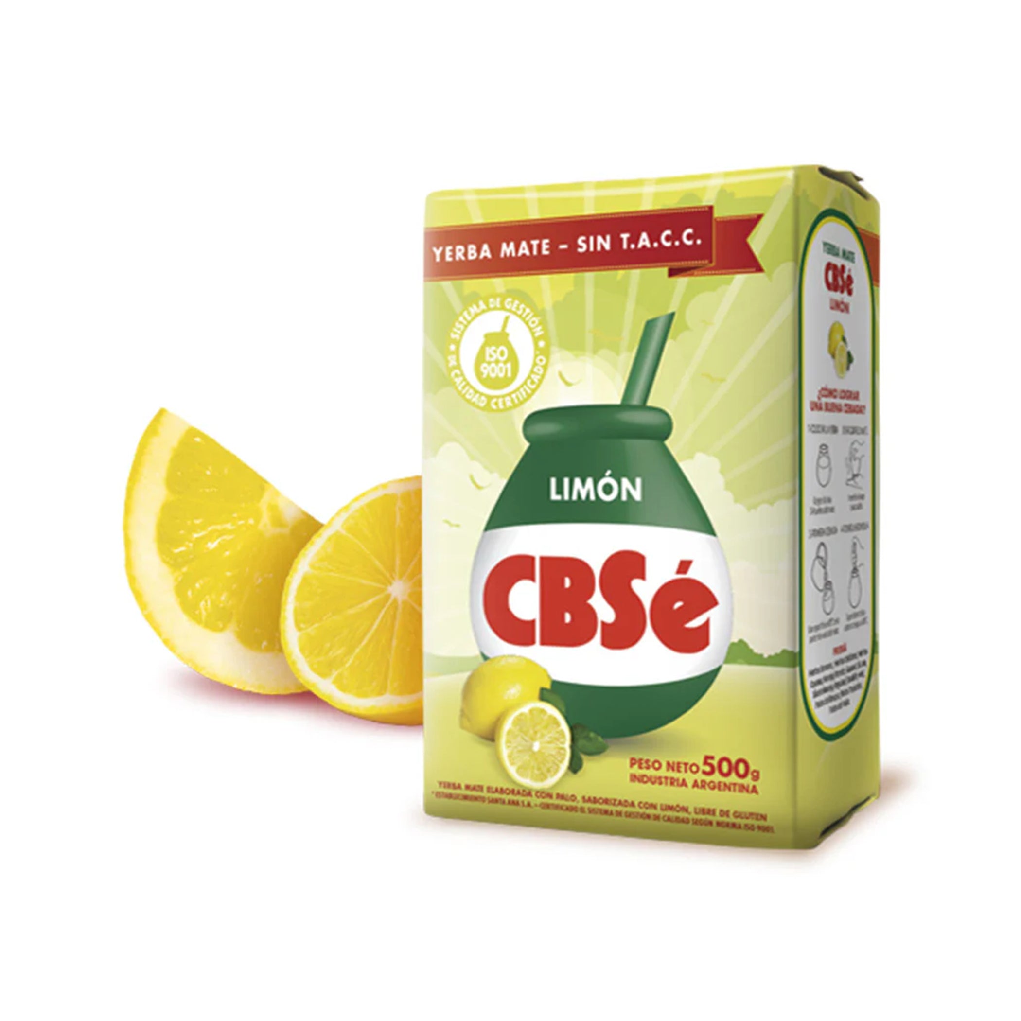 Premium CBSé Limón zesty lemon flavorued yerba mate 500g package, detailed with bright yellow citrus accents on a clean white background - Luv Mate.