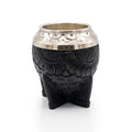 Chamamé black embossed leather torpedo mate gourd with hand-chiseled alpaca silver rim on white background