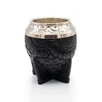 Chamamé black embossed leather torpedo mate gourd with hand-chiseled alpaca silver rim on white background