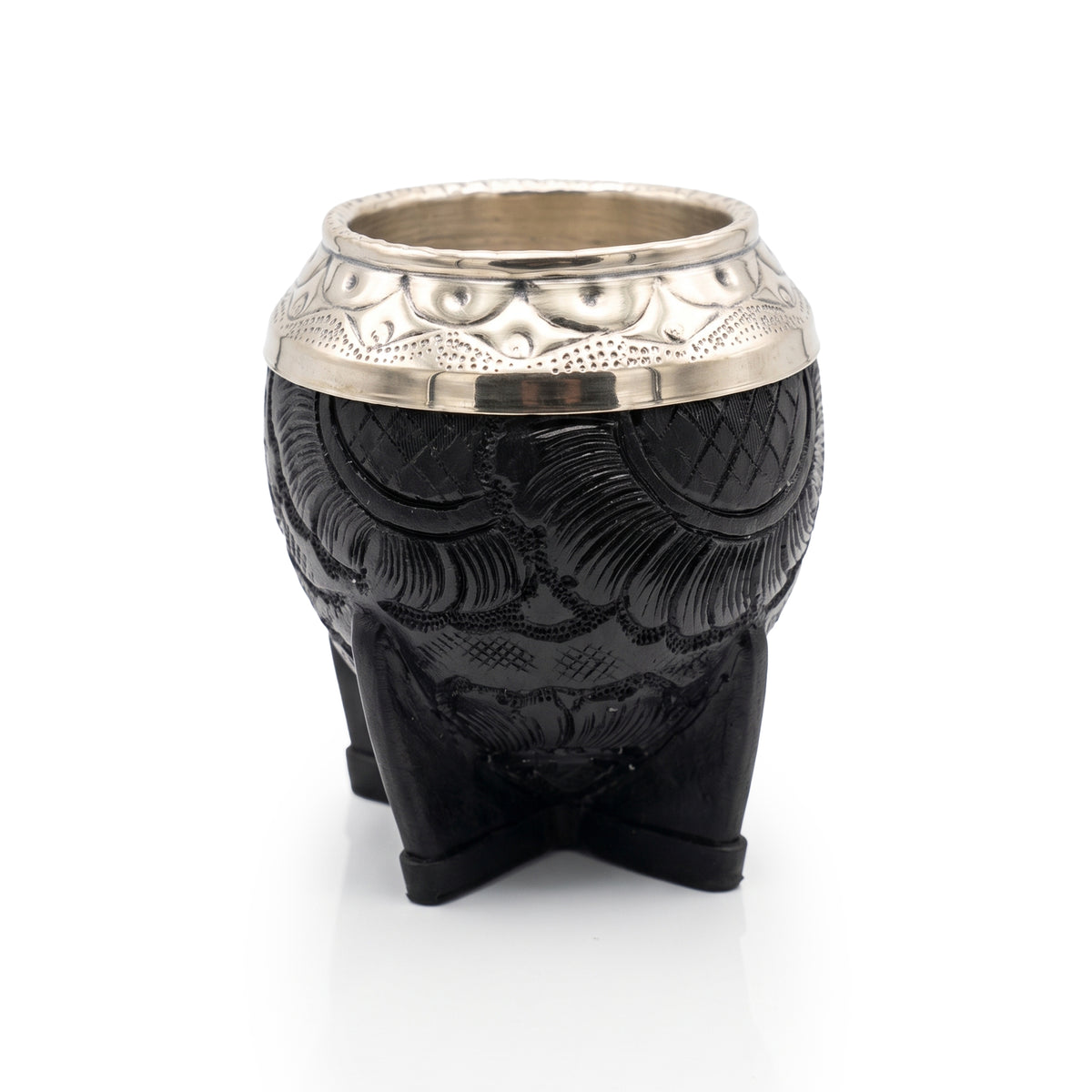 Chamamé black embossed leather torpedo mate gourd with hand-chiseled alpaca silver rim on white background