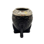 Chamamé Embossed Torpedo Mate Gourd: Black leather with a hand-chiseled alpaca silver rim featuring floral engravings and brass accents.