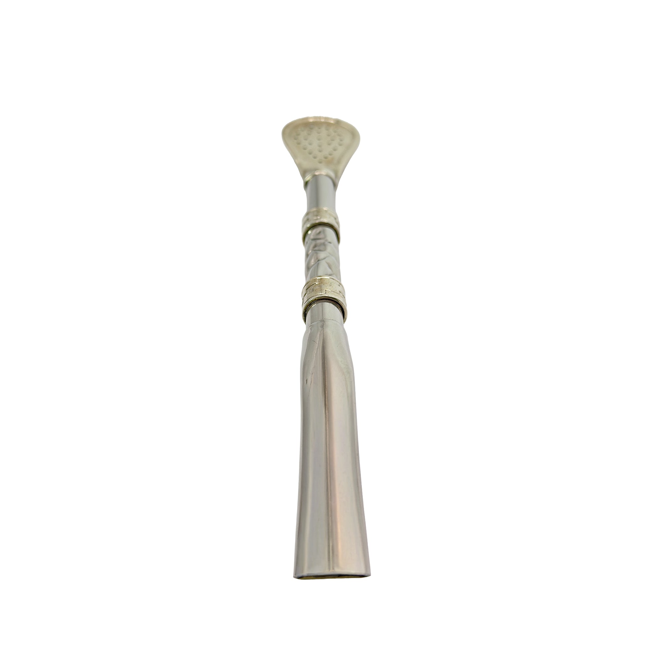 Straight vertical front view of the Double Ring Alpaca Bombillón highlighting its precise symmetry and premium silver finish.