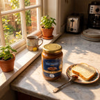 Jar of San Ignacio Dulce de Leche Traditional (450g) on a marble countertop next to a slice of toast and a cup of tea by a sunlit window.