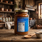 Glass jar of San Ignacio Dulce de Leche Traditional showing nutrition facts label, on a rustic wooden table next to a wooden spoon and vanilla beans.