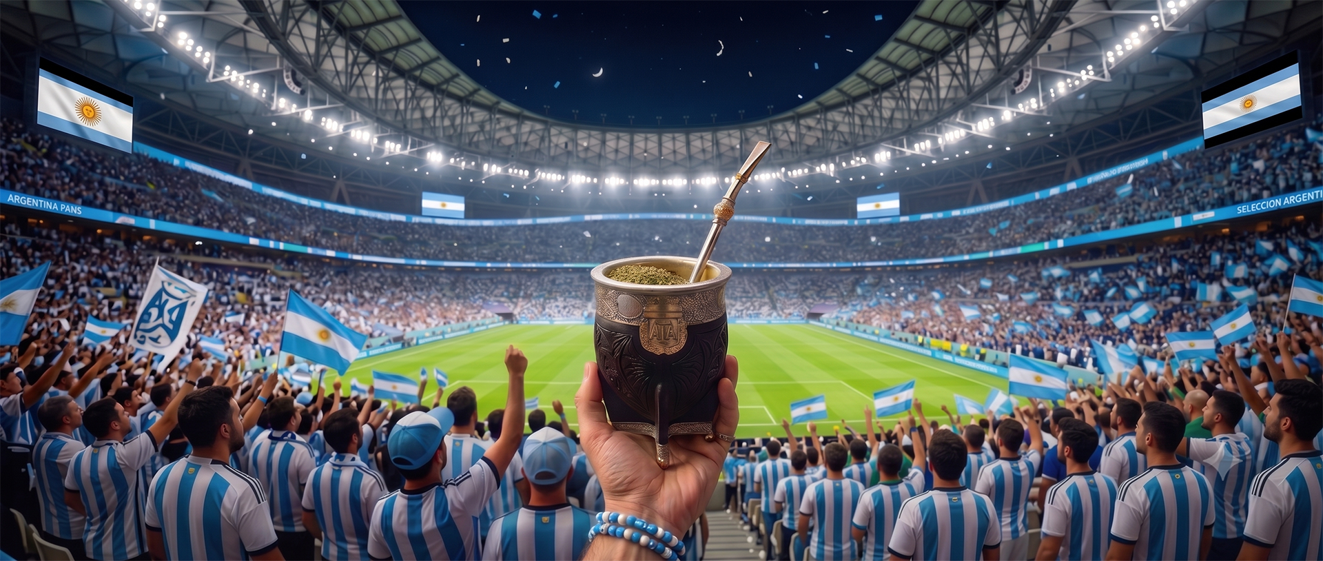 A hand holding a genuine black leather Luv Mate AFA Imperial Mate gourd with a bronze shield emblem inside a crowded soccer stadium. The vibrant match-day atmosphere features cheering fans with Argentina flags and giant stadium screens.