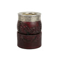 Premium Firmeza Imperial Criollo Mate Gourd in burgundy hand-tooled leather with a handcrafted Alpaca rim and matching leather stand.