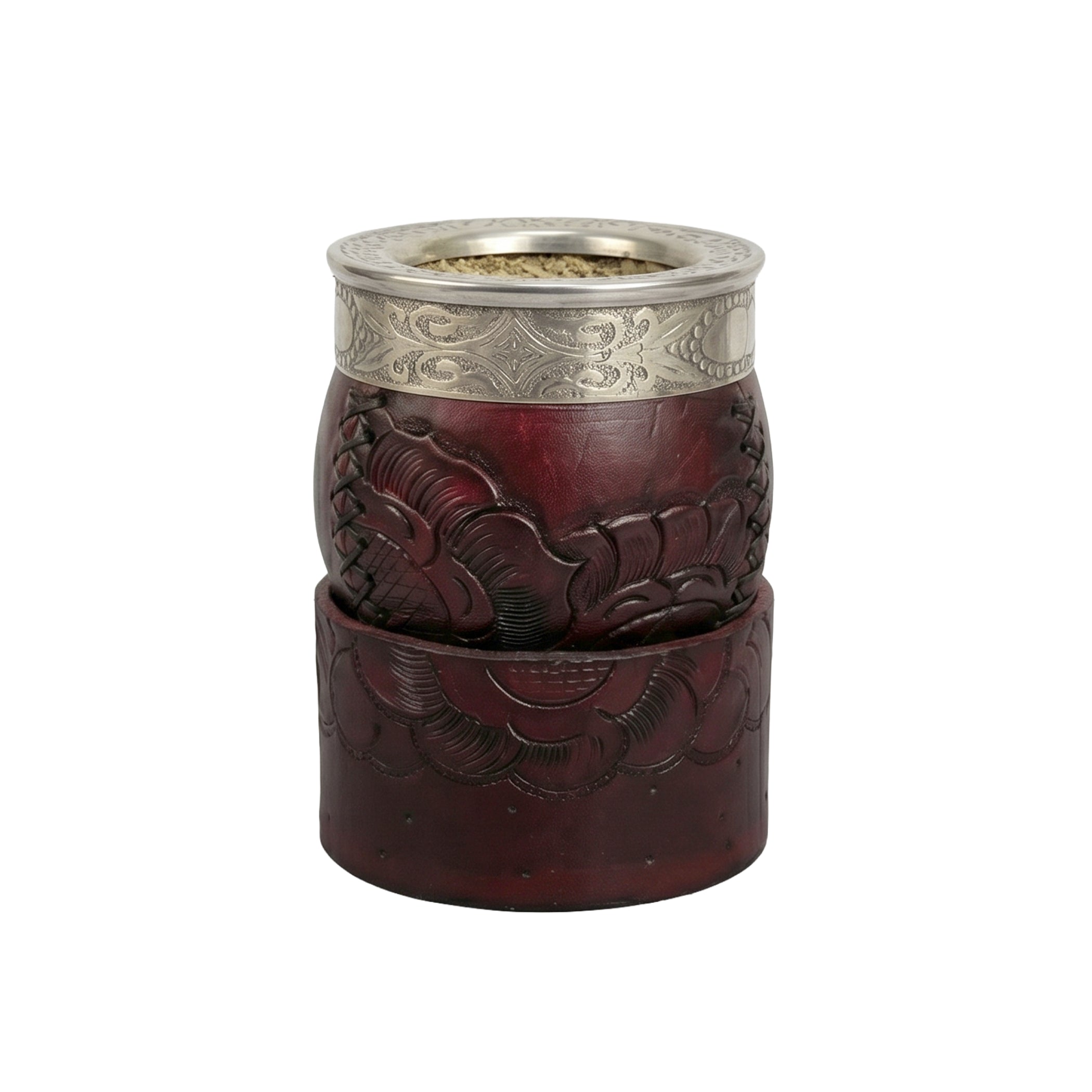 Premium Firmeza Imperial Criollo Mate Gourd in burgundy hand-tooled leather with a handcrafted Alpaca rim and matching leather stand.