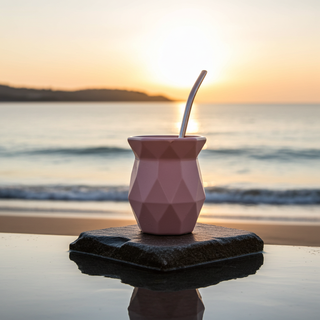 Luv mate Gato Mate Gourd: modern pink geometric cup with metal straw on a sunset beach.
