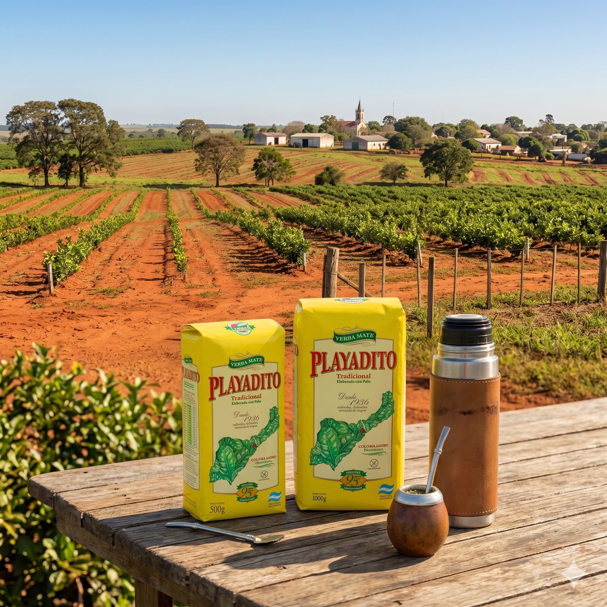 Two yellow bags of Playadito Traditional Yerba Mate (500g and 1kg) on a rustic wooden table. A traditional mate gourd with bombilla and a leather-wrapped thermos sit in the foreground, set against a scenic view of a yerba mate plantation under a blue sky.