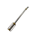 High-angle view of the Limay stainless steel bombilla on a white background, featuring its unique stirrup-style spring filter with gold-plated rings and a sleek curved mouthpiece.