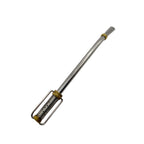 High-angle view of the Limay stainless steel bombilla on a white background, featuring its unique stirrup-style spring filter with gold-plated rings and a sleek curved mouthpiece.