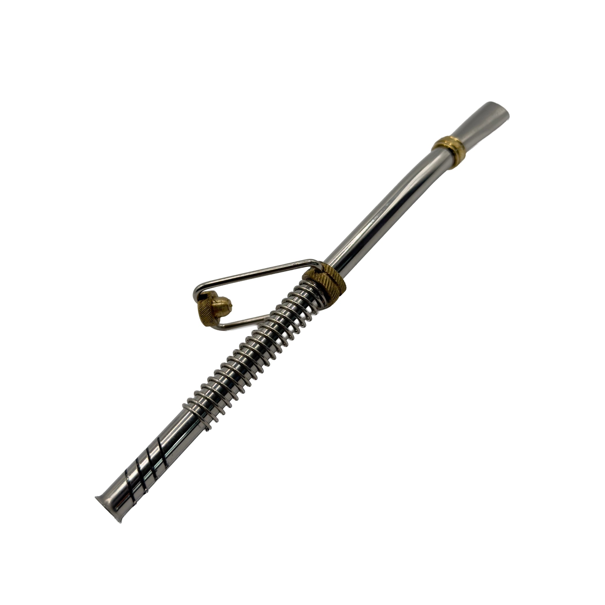 Detailed view of the Limay bombilla with the stirrup mechanism pulled back to compress the spring, exposing the internal filtration slits for deep cleaning and easy maintenance.