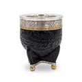Luv Mate Minué Federal black hand-tooled leather Imperial mate cup with chiseled alpaca silver rim and bronze crown.