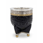 Luv Mate Minué Federal black hand-tooled leather Imperial mate cup with chiseled alpaca silver rim and bronze crown.