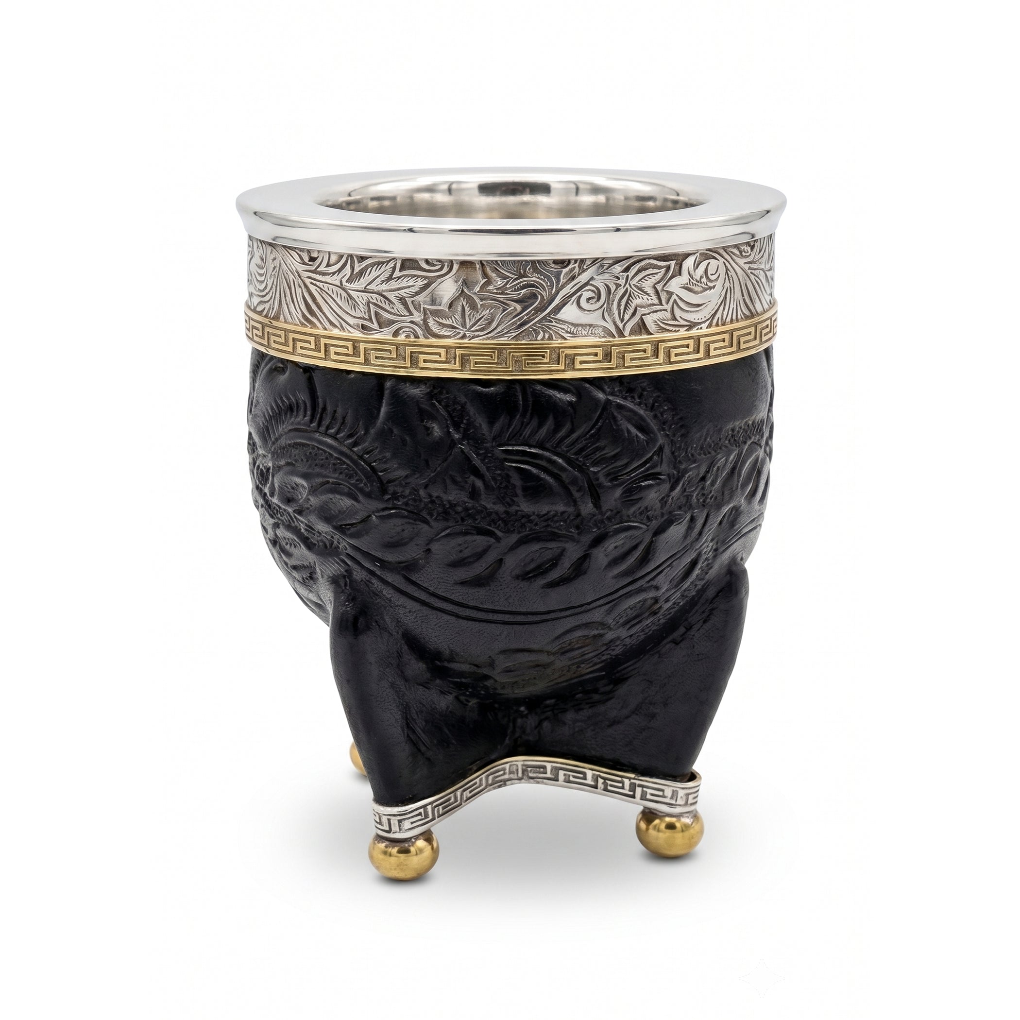 Luv Mate Minué Federal black hand-tooled leather Imperial mate cup with chiseled alpaca silver rim and bronze crown.
