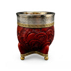 Luv Mate Minué Federal burgundy hand-tooled leather Imperial mate cup with chiseled alpaca silver rim and bronze crown.