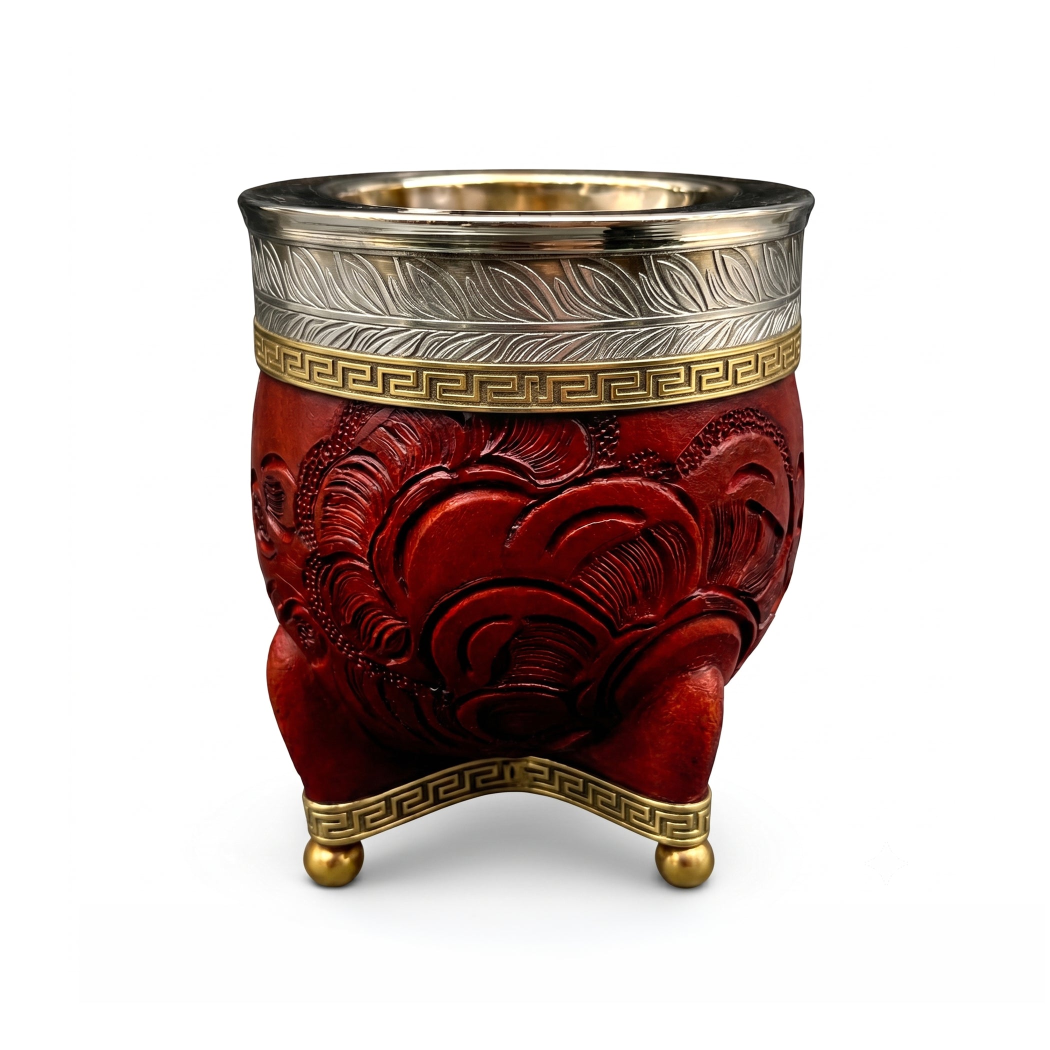 Luv Mate Minué Federal burgundy hand-tooled leather Imperial mate cup with chiseled alpaca silver rim and bronze crown.