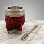 Luv Mate Minué Federal malbec red  hand-carved leather Imperial mate cup with bronze crown and alpaca silver rim, including stainless steel bombilla and cleaning brush on marble.