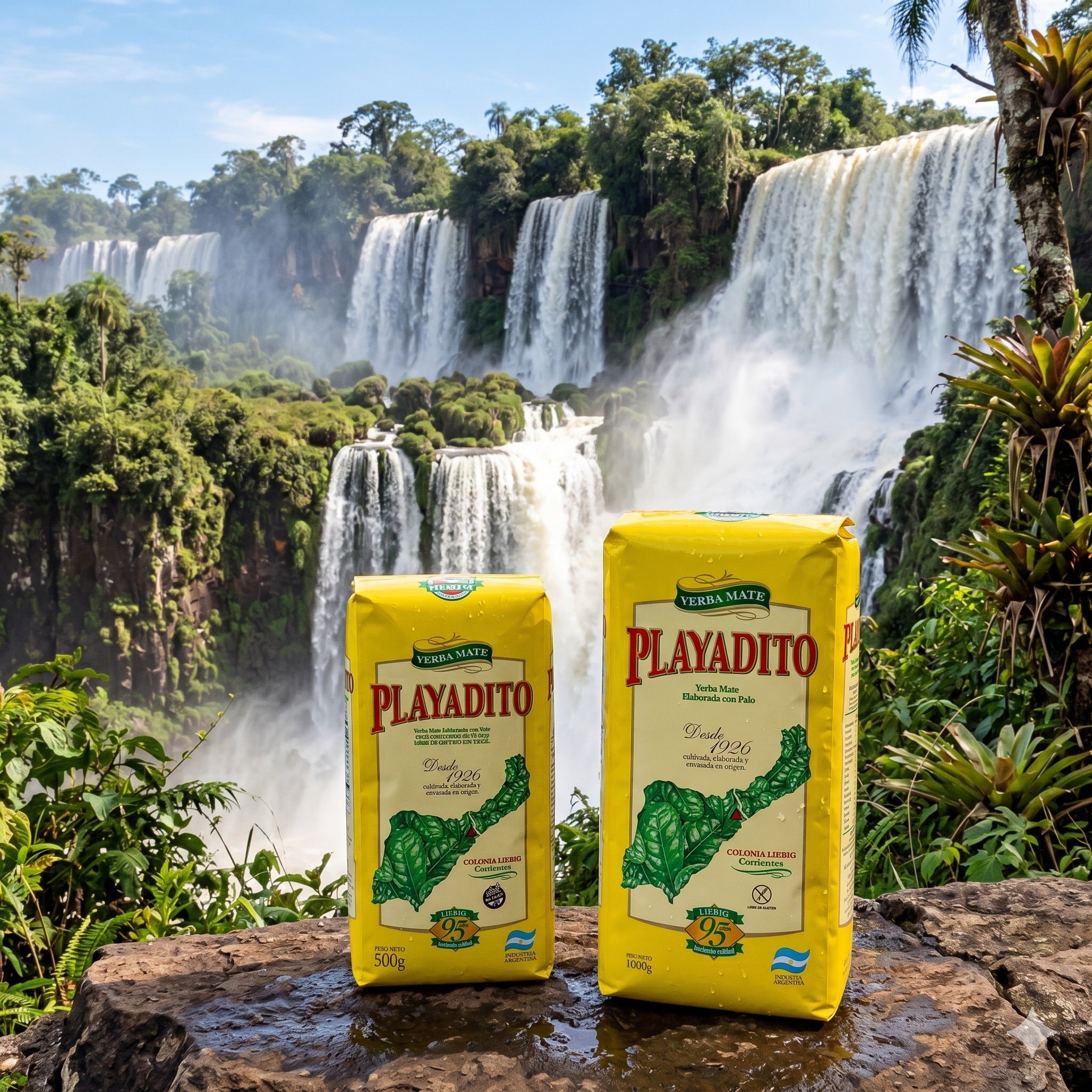 Playadito Traditional Yerba Mate in 500g and 1kg bags displayed on a rock in front of the stunning Iguazu Falls.