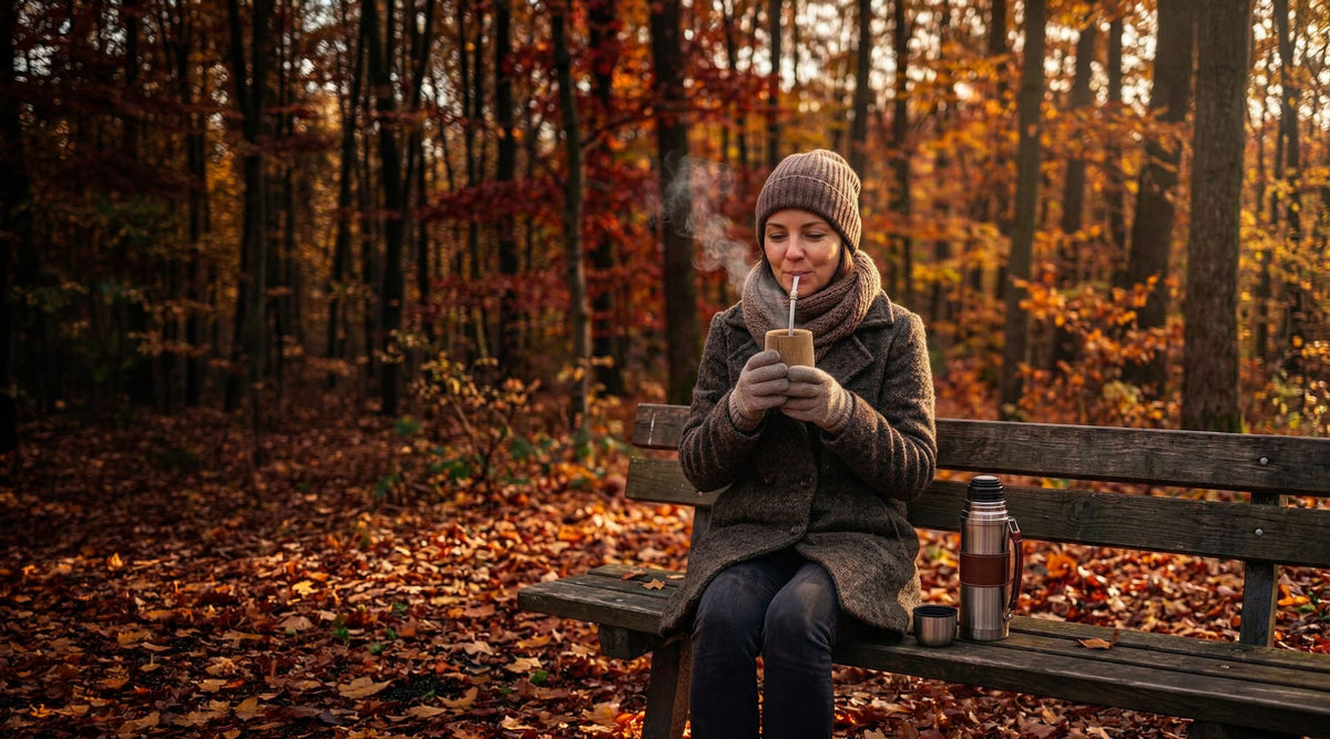 Woman enjoying a steaming yerba mate gourd on a wooden bench in an autumn forest with a stainless steel thermos.
