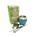 Complete Organic Master Mate Kit items spread out: 500g bag of Amanda Organic Yerba Mate, a modern lagoon-teal stainless steel Paton Mate cup, a premium gold-ring bombilla, a custom yerba separator tool, and a cleaning brush.