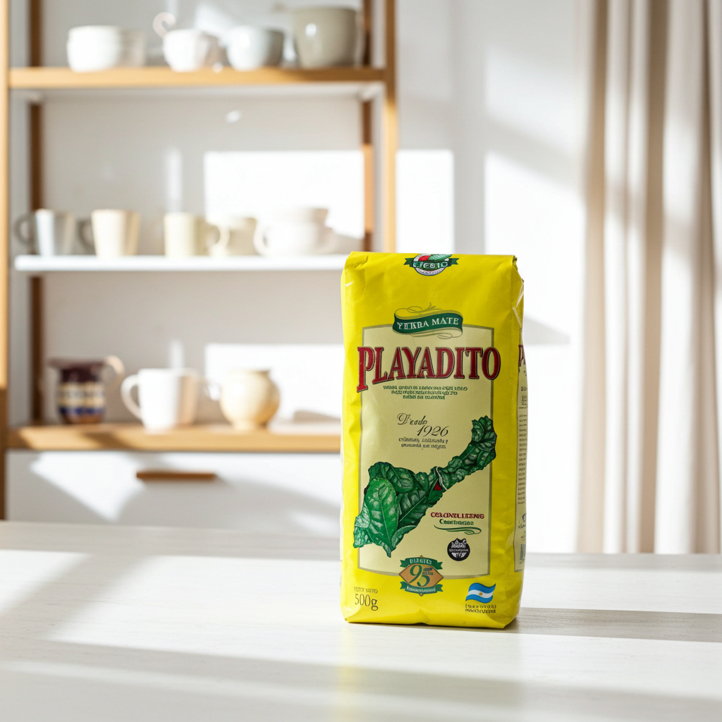 Yellow 500g bag of Playadito Yerba Mate on a white counter, bathed in warm natural sunlight in a modern kitchen with light wood shelves in the background.