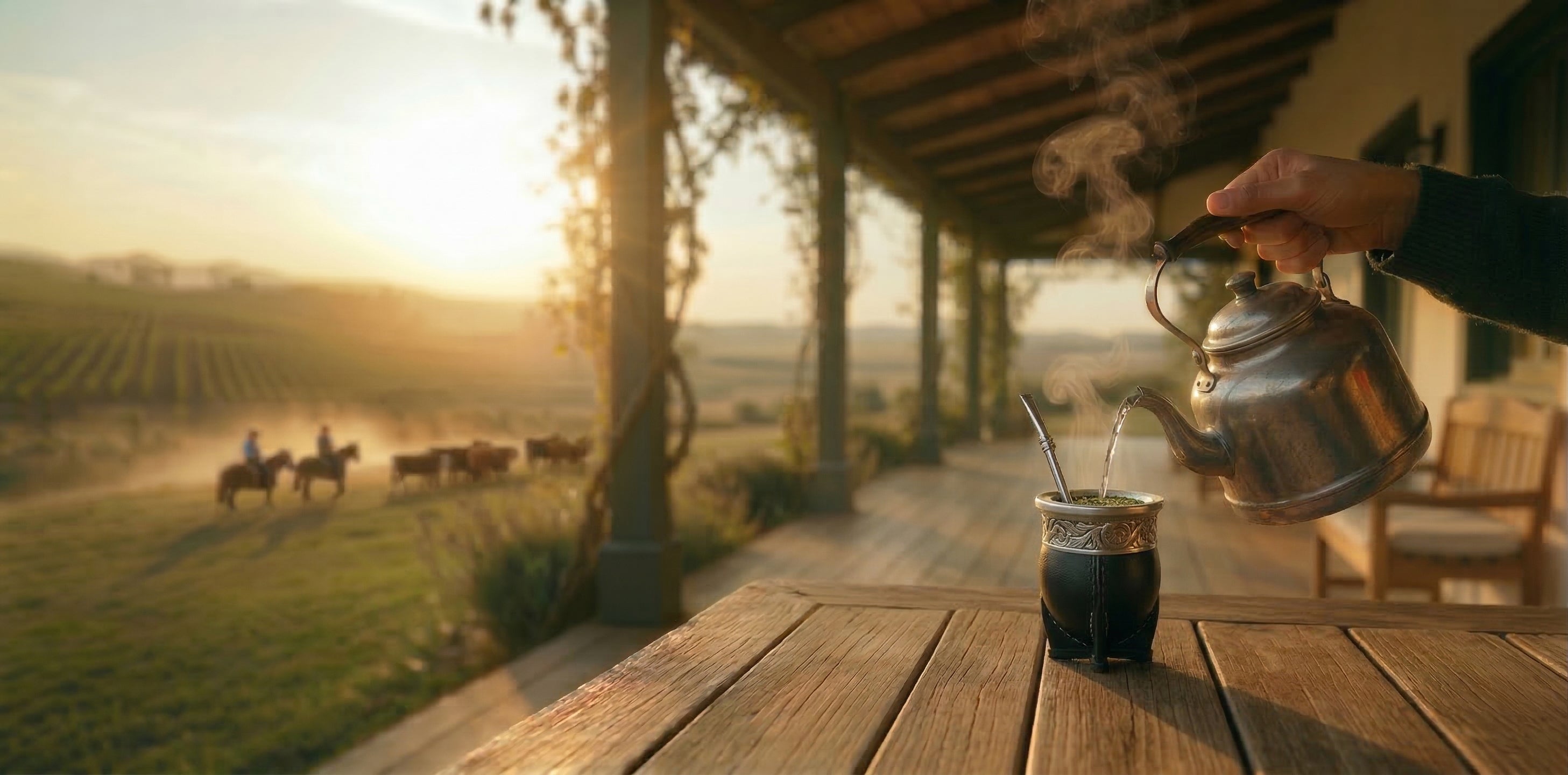 Editorial close-up of a black imperial mate cup with a silver rim and a traditional kettle on a rustic wooden table during sunset at a South American estancia, with gauchos and cattle in the background.